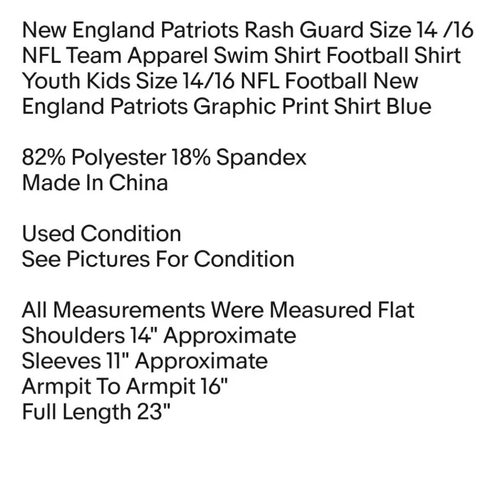 New England Patriots Rash Guard Size 14 /16 NFL Team Apparel Swim Shirt Football